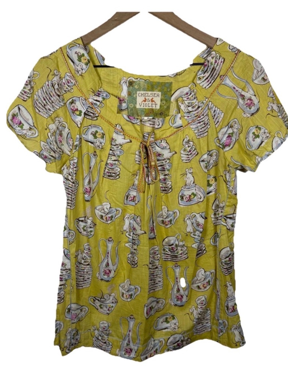 Chelsea & Violet Womens Blouse Size S Tea Party Yellow Coquette Cottagecore